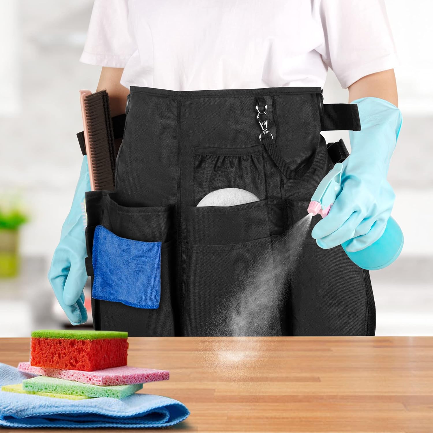 Professional Cleaning Apron with 9 Pockets and Adjustable Waist Belt, Cleaning Caddy Aprons for Cleaning Work of House Hotel, Black
