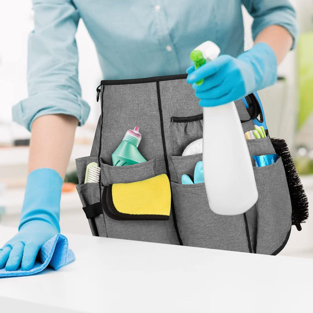 Professional Cleaning Apron with 9 Pockets and Adjustable Waist Belt, Cleaning Caddy Aprons for Cleaning Work of House Hotel, Gray