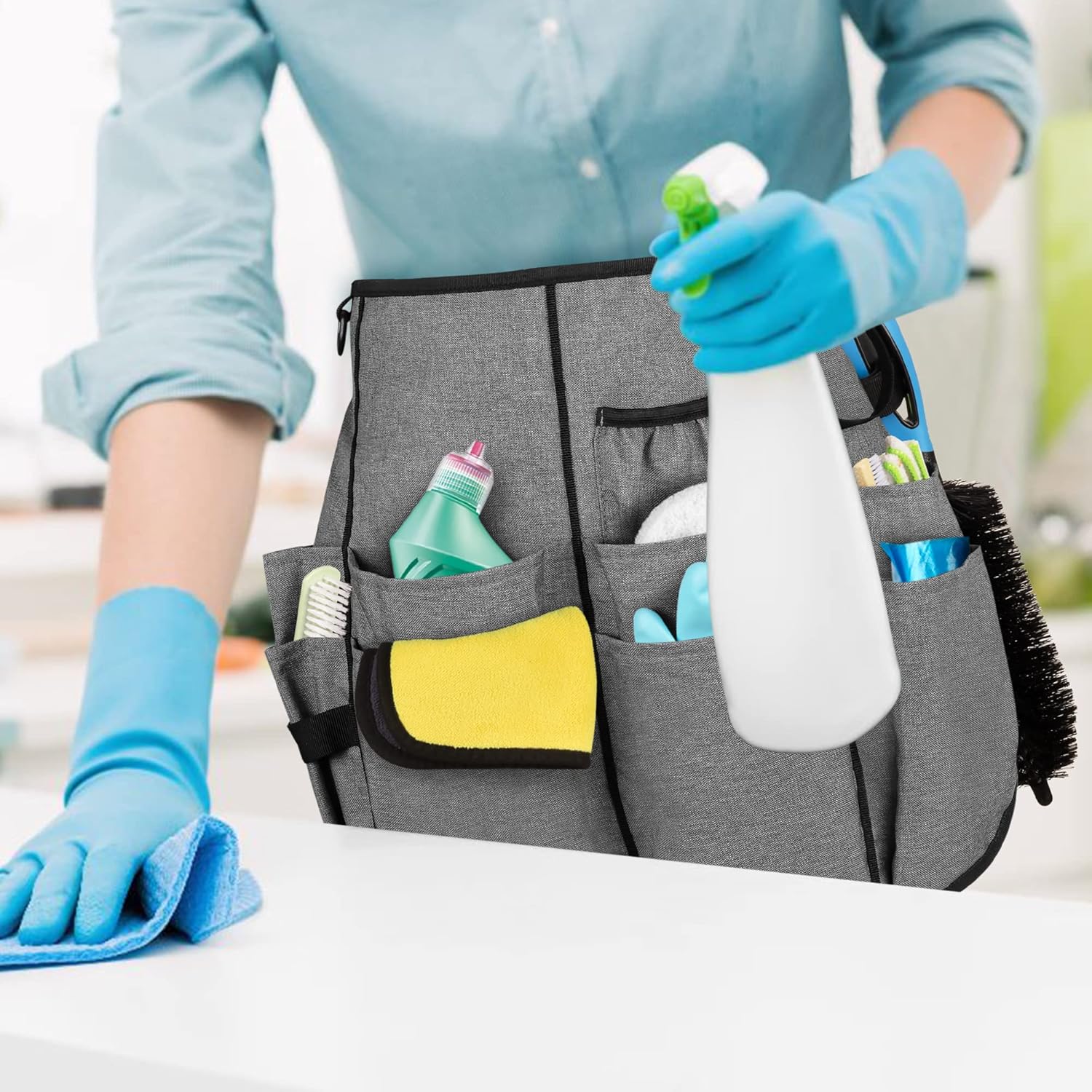 Professional Cleaning Apron with 9 Pockets and Adjustable Waist Belt, Cleaning Caddy Aprons for Cleaning Work of House Hotel, Gray