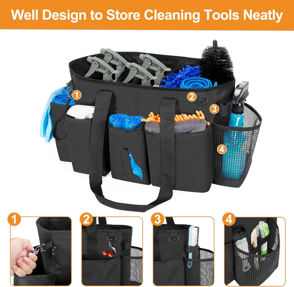 Professional Cleaning Tote Caddy for Cleaning Supplies, Cleaning Bag Organizer with Dividers and Handle Strap for Housekeepers Work, Black, (Bag Only)