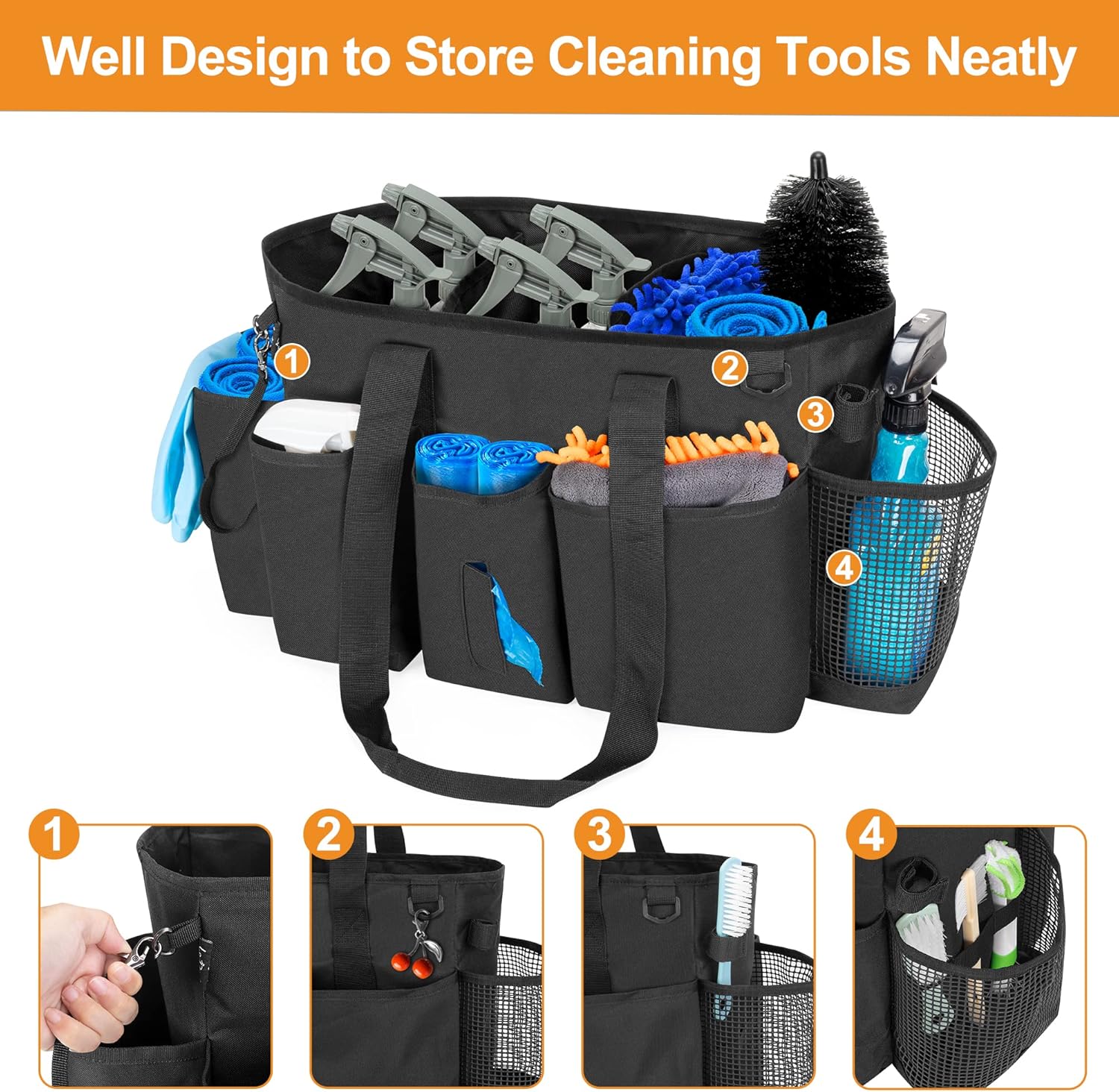 Professional Cleaning Tote Caddy for Cleaning Supplies, Cleaning Bag Organizer with Dividers and Handle Strap for Housekeepers Work, Black, (Bag Only)
