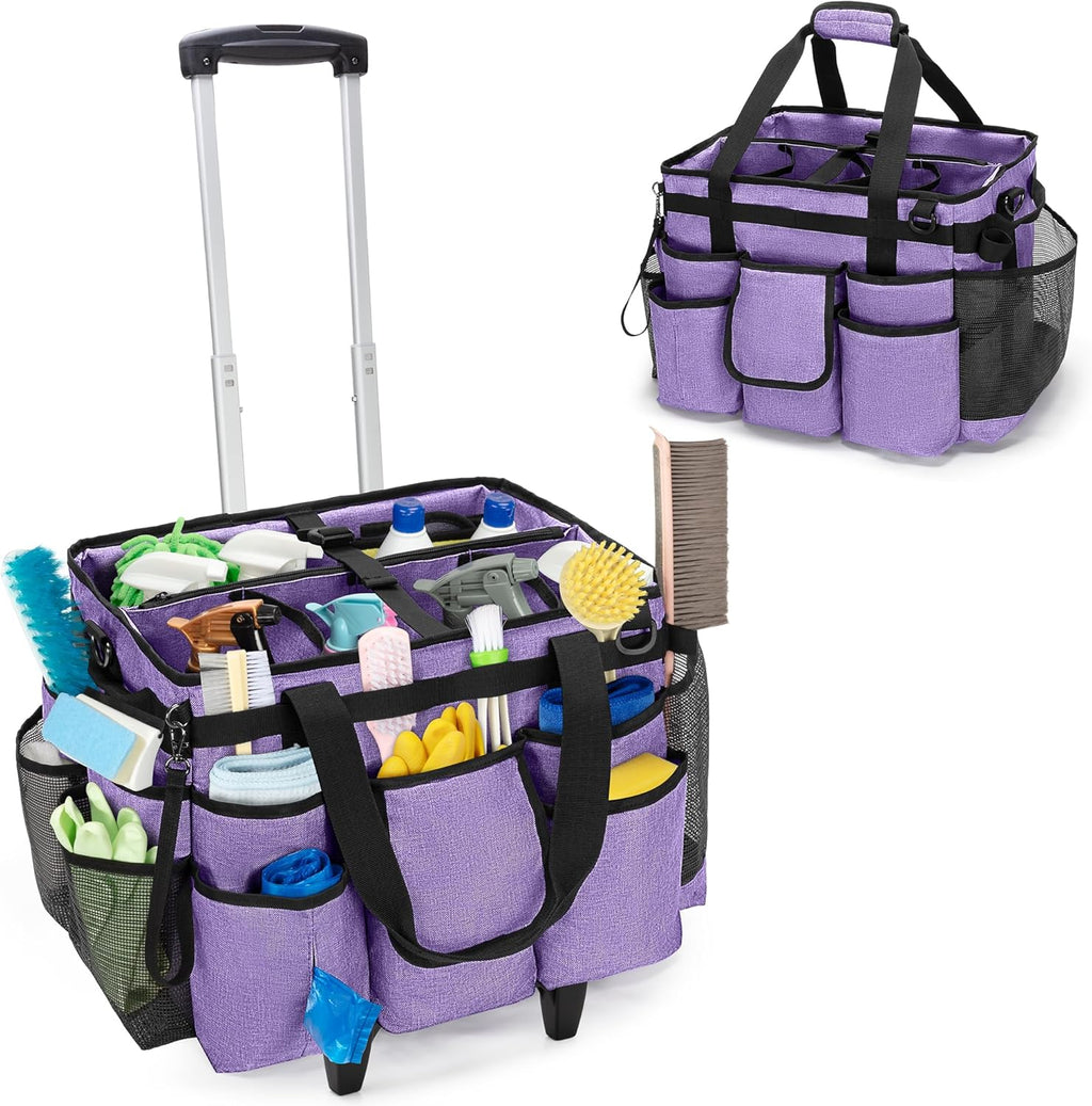 Rolling Cleaning Bag with Detachable Trolley, Professional Cleaning Caddy with Shoulder Strap for Housekeepers, Portable Cart on Wheels for Supplies, Purple (Patent Design)