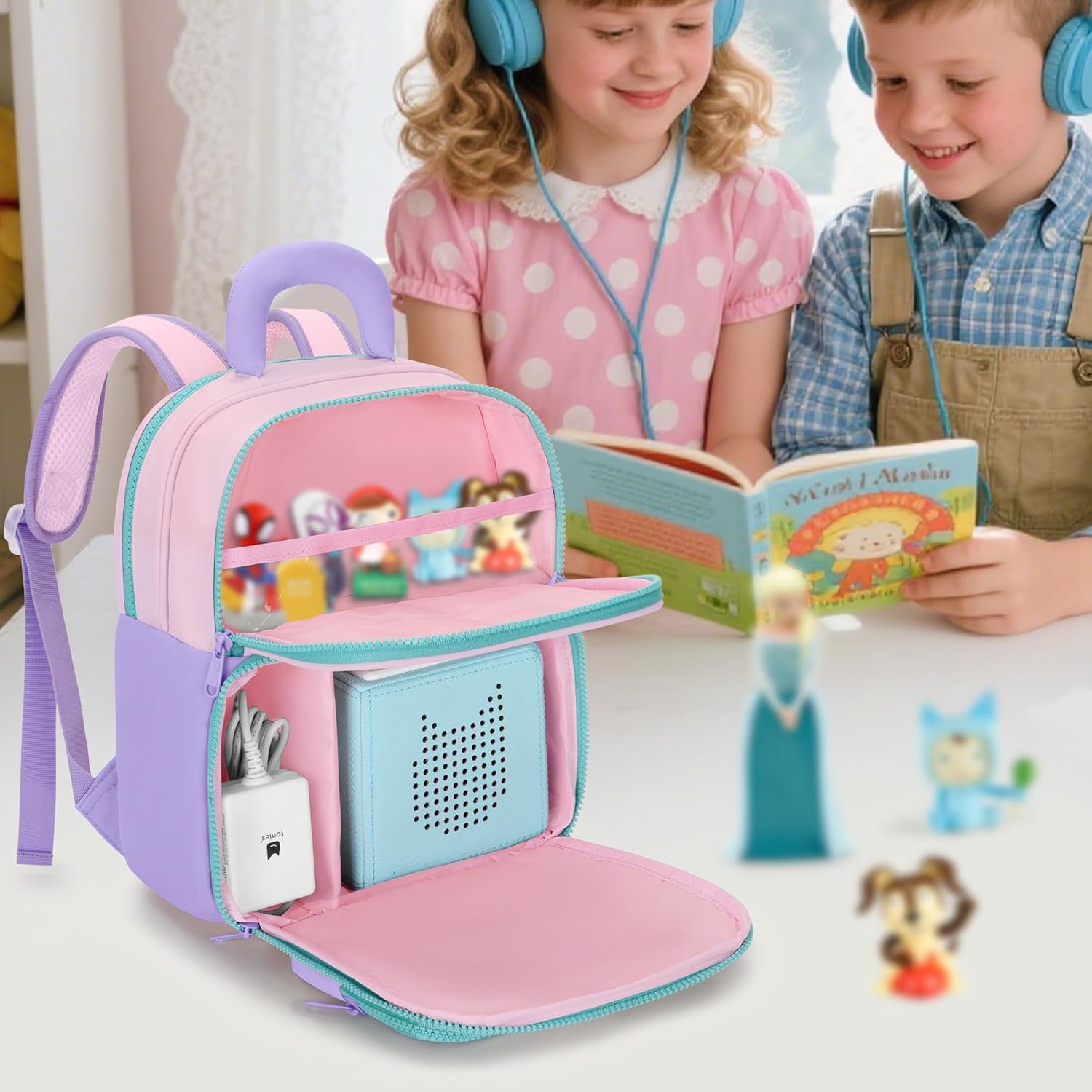 Travel Backpack Compatible with Toniebox, Storage Bag with Multiple Pockets for Audio Player Starter Set, Characters, Charger, Headphones and Accessories, Pink, Bag Only (Patented Design)