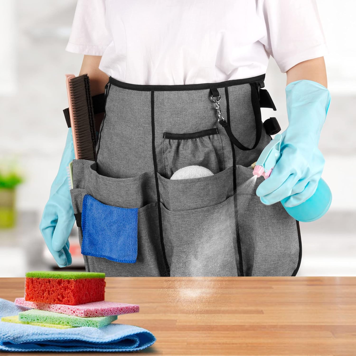 Professional Cleaning Apron with 9 Pockets and Adjustable Waist Belt, Cleaning Caddy Aprons for Cleaning Work of House Hotel, Gray