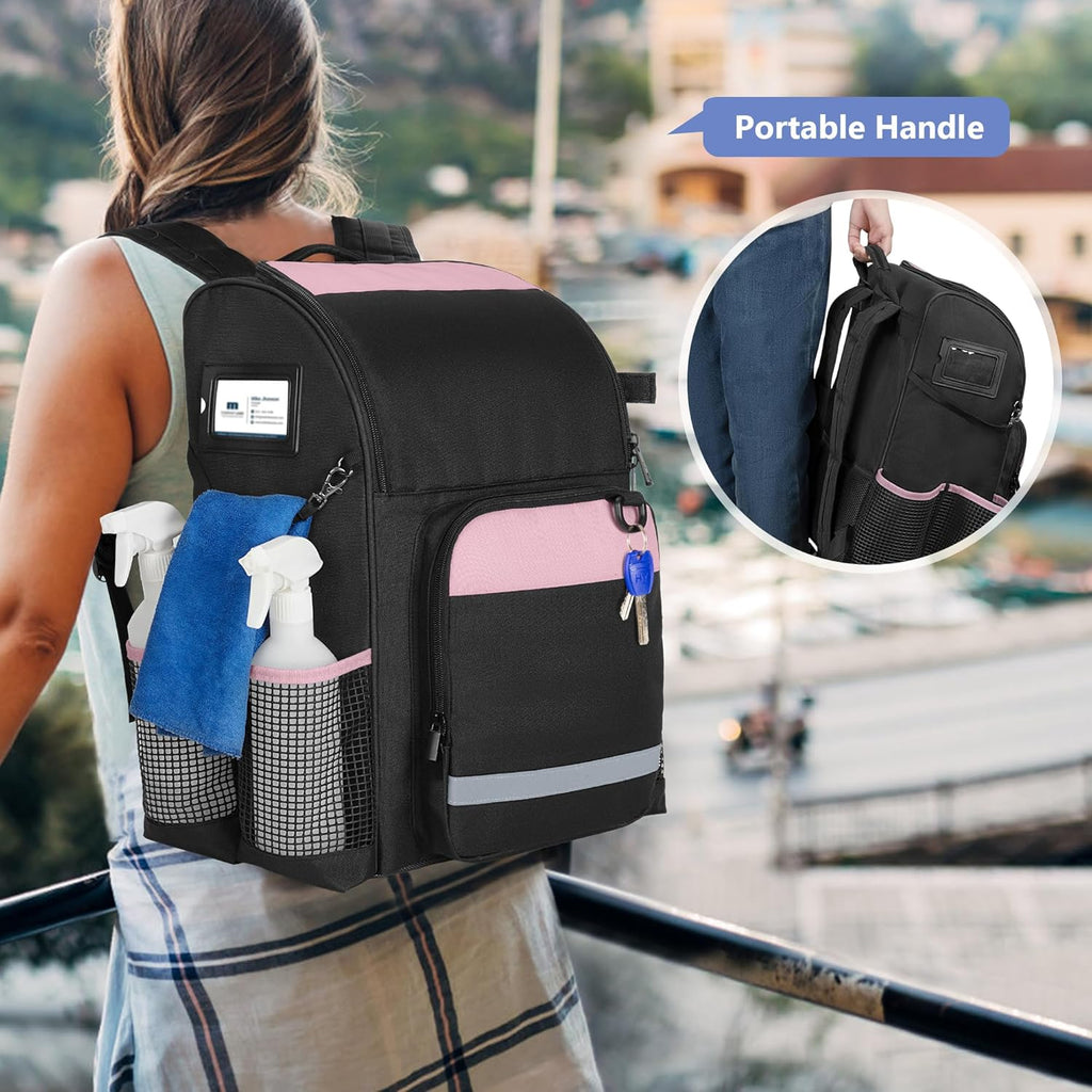 Cleaning Bag with Thickened Adjustable Shoulder Straps, Large Cleaning Caddy Organizer with Multiple Pockets for Cleaning and Housework, Pink (Patent Designed)