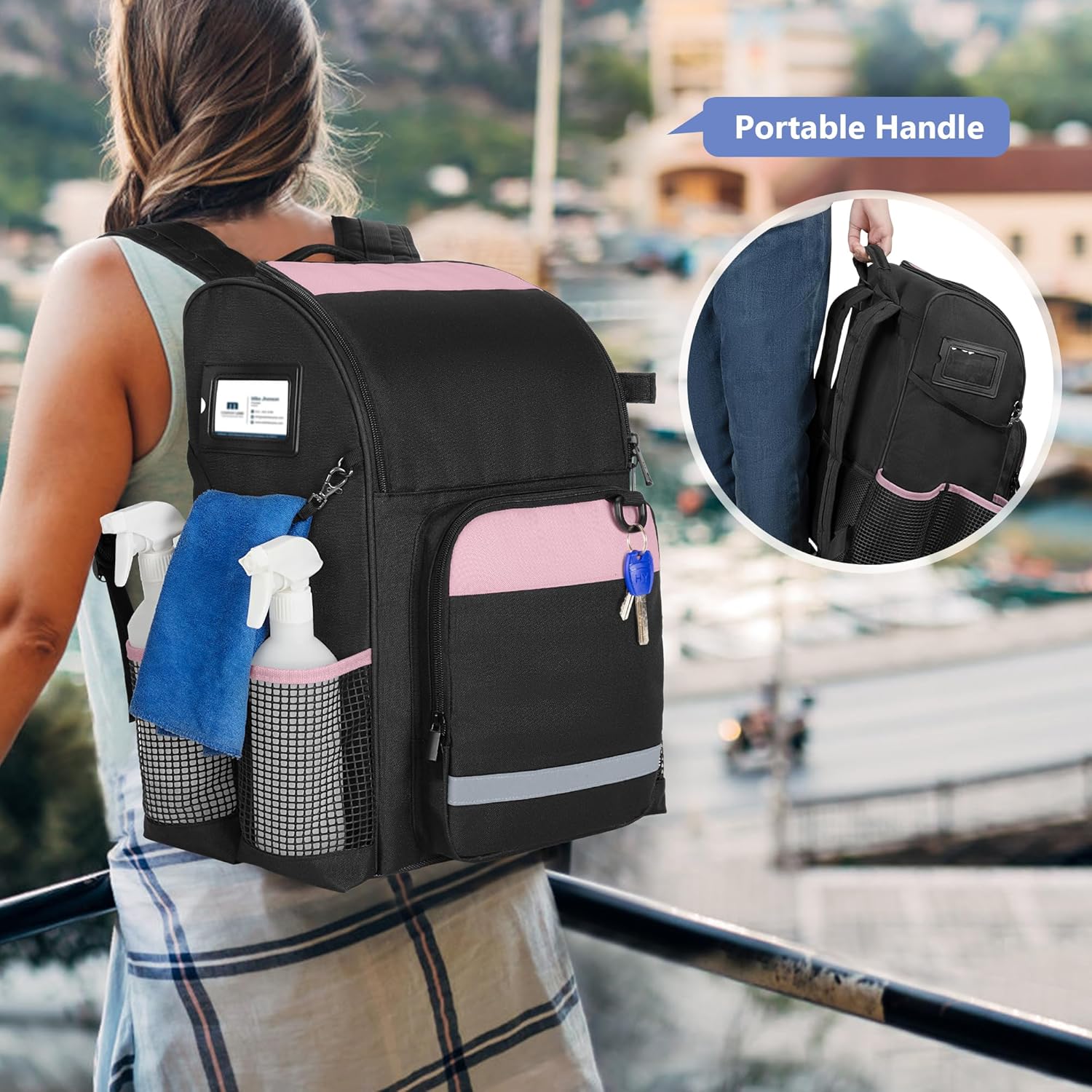 Cleaning Bag with Thickened Adjustable Shoulder Straps, Large Cleaning Caddy Organizer with Multiple Pockets for Cleaning and Housework, Pink (Patent Designed)