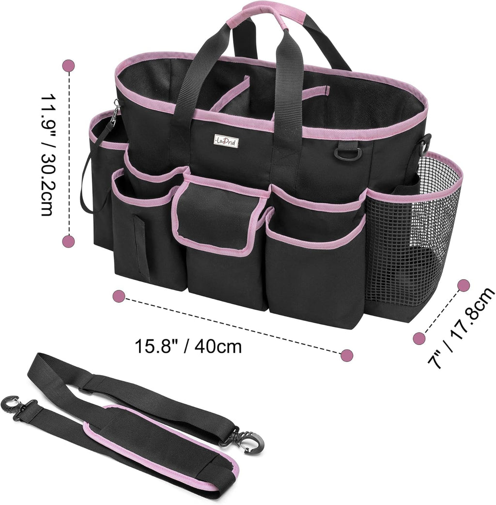Cleaning Caddy Bag with Handle and Shoulder Strap, Cleaning Supplies Organizer for Cleaning Work with 3 Compartments and Multifunctional Pockets, Black with Pink Edge