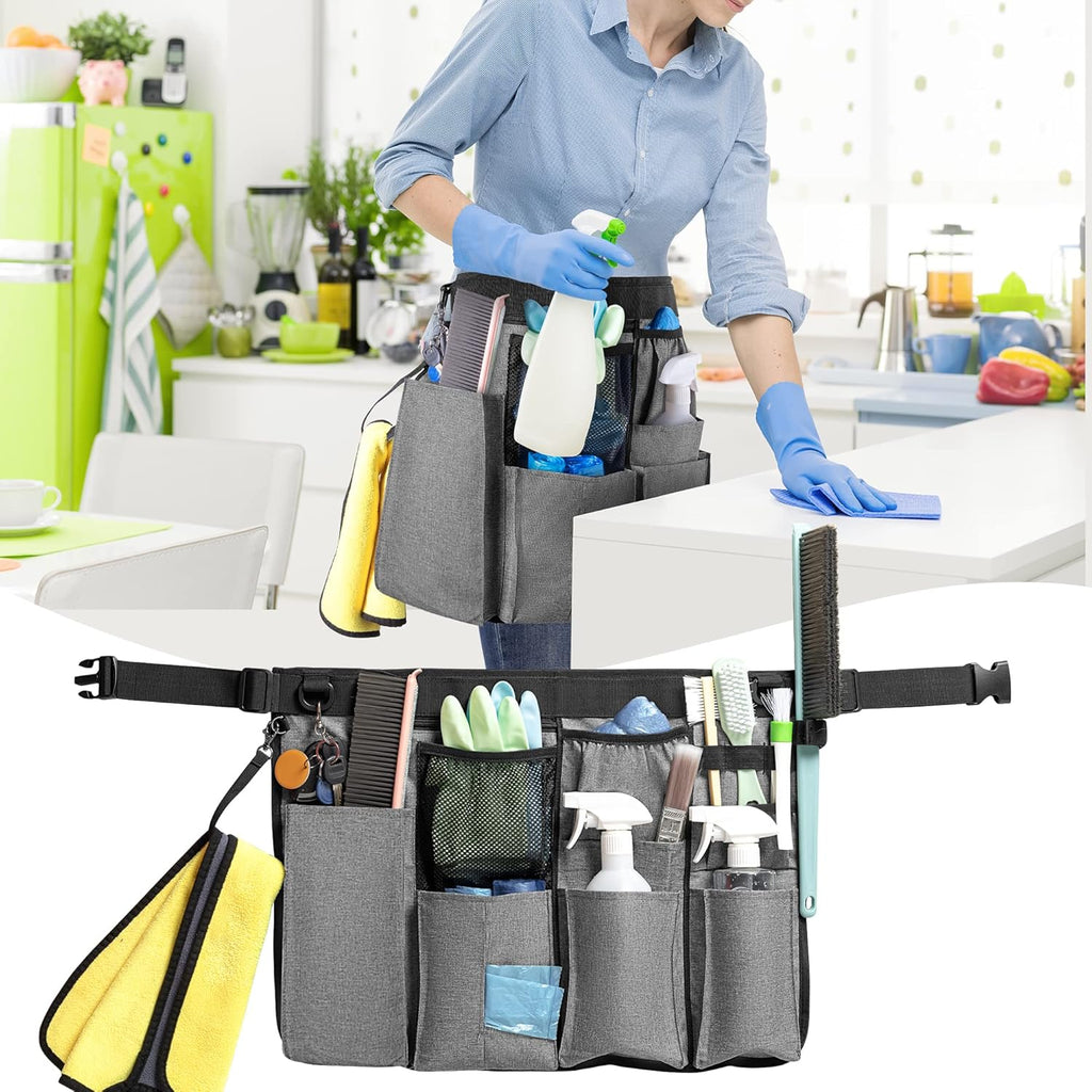 Cleaning Apron for Housekeeping with 9 Pockets, Cleaning Bag with Adjustable Waist Belt, Professional Cleaning Supplies Apron for Work, Gray