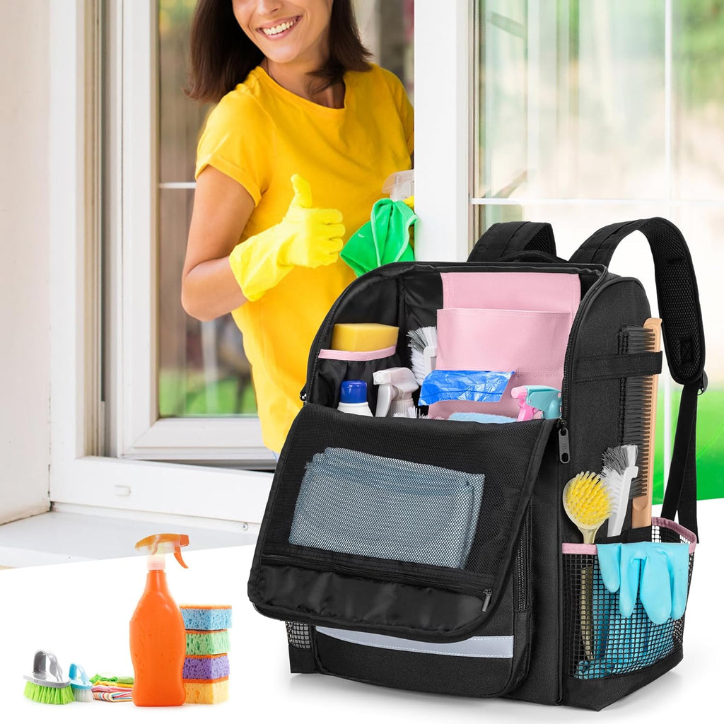 Cleaning Bag with Thickened Adjustable Shoulder Straps, Large Cleaning Caddy Organizer with Multiple Pockets for Cleaning and Housework, Pink (Patent Designed)