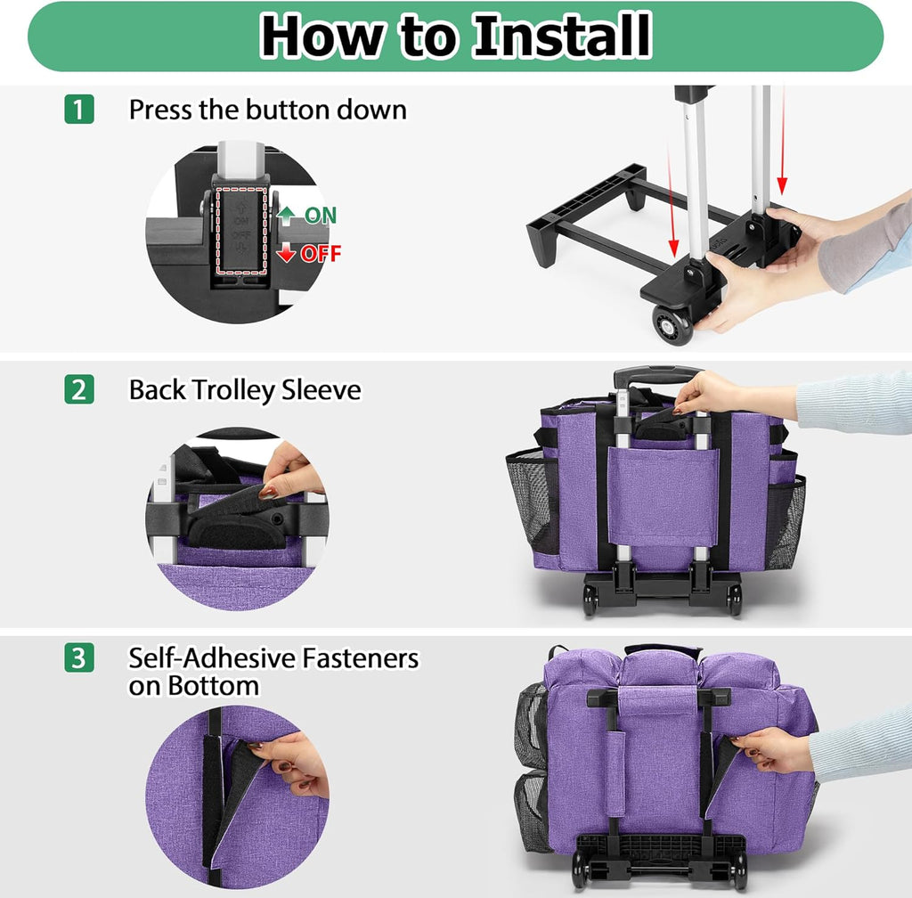 Rolling Cleaning Bag with Detachable Trolley, Professional Cleaning Caddy with Shoulder Strap for Housekeepers, Portable Cart on Wheels for Supplies, Purple (Patent Design)