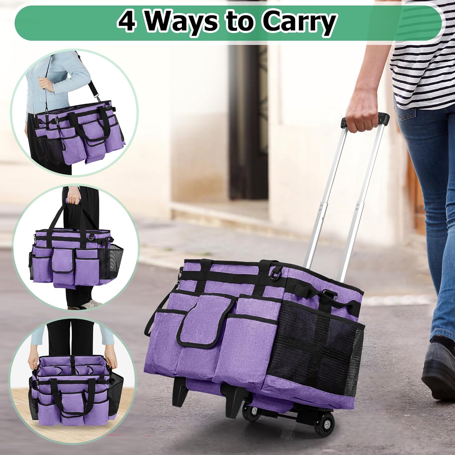 Rolling Cleaning Bag with Detachable Trolley, Professional Cleaning Caddy with Shoulder Strap for Housekeepers, Portable Cart on Wheels for Supplies, Purple (Patent Design)