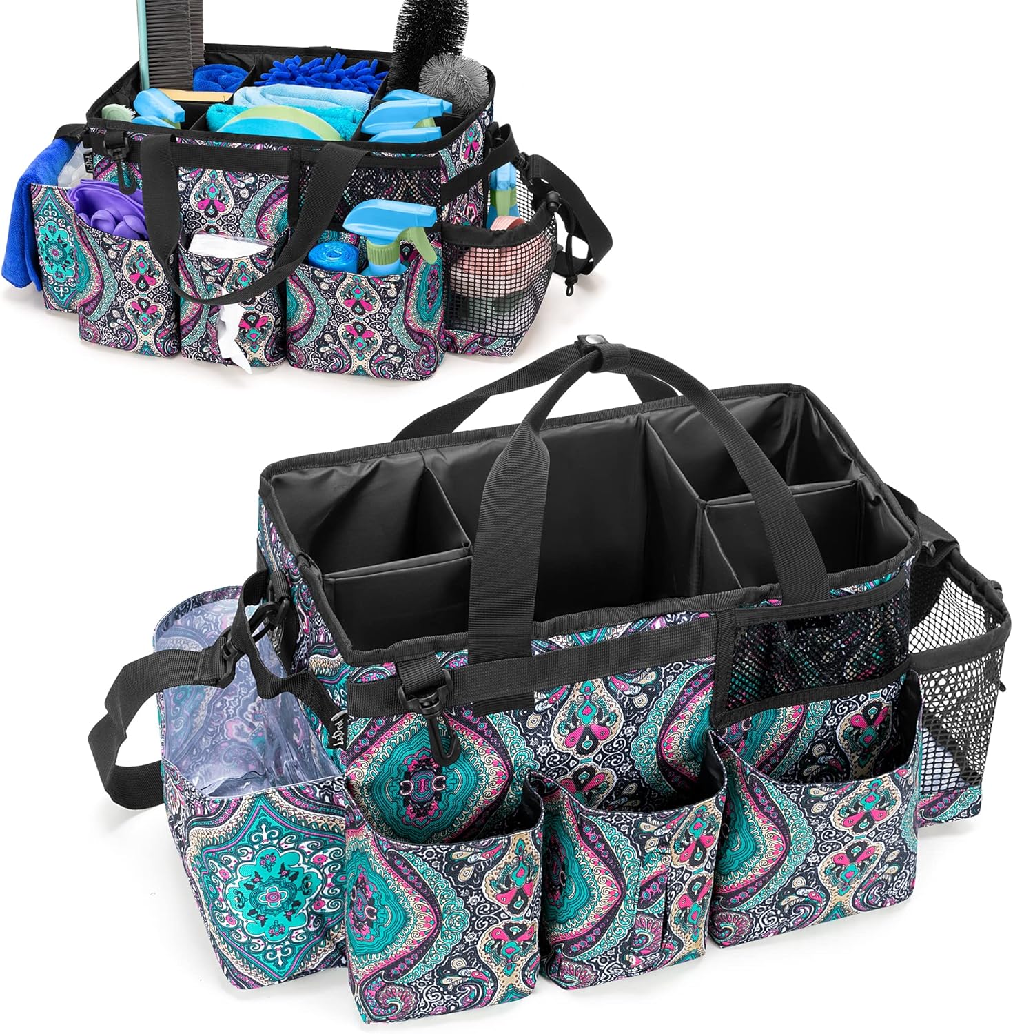 Wearable Cleaning Caddy Bag with 4 Foldable Dividers, Cleaning Supply Organizer with Shoulder Strap and Side Handles for Cleaners &amp; Housekeepers, Totem