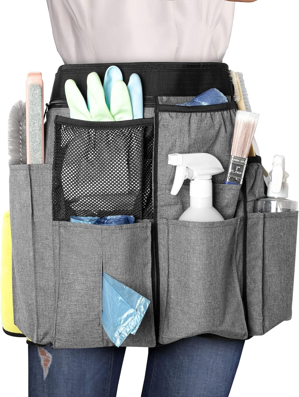 Cleaning Apron for Housekeeping with 9 Pockets, Cleaning Bag with Adjustable Waist Belt, Professional Cleaning Supplies Apron for Work, Gray