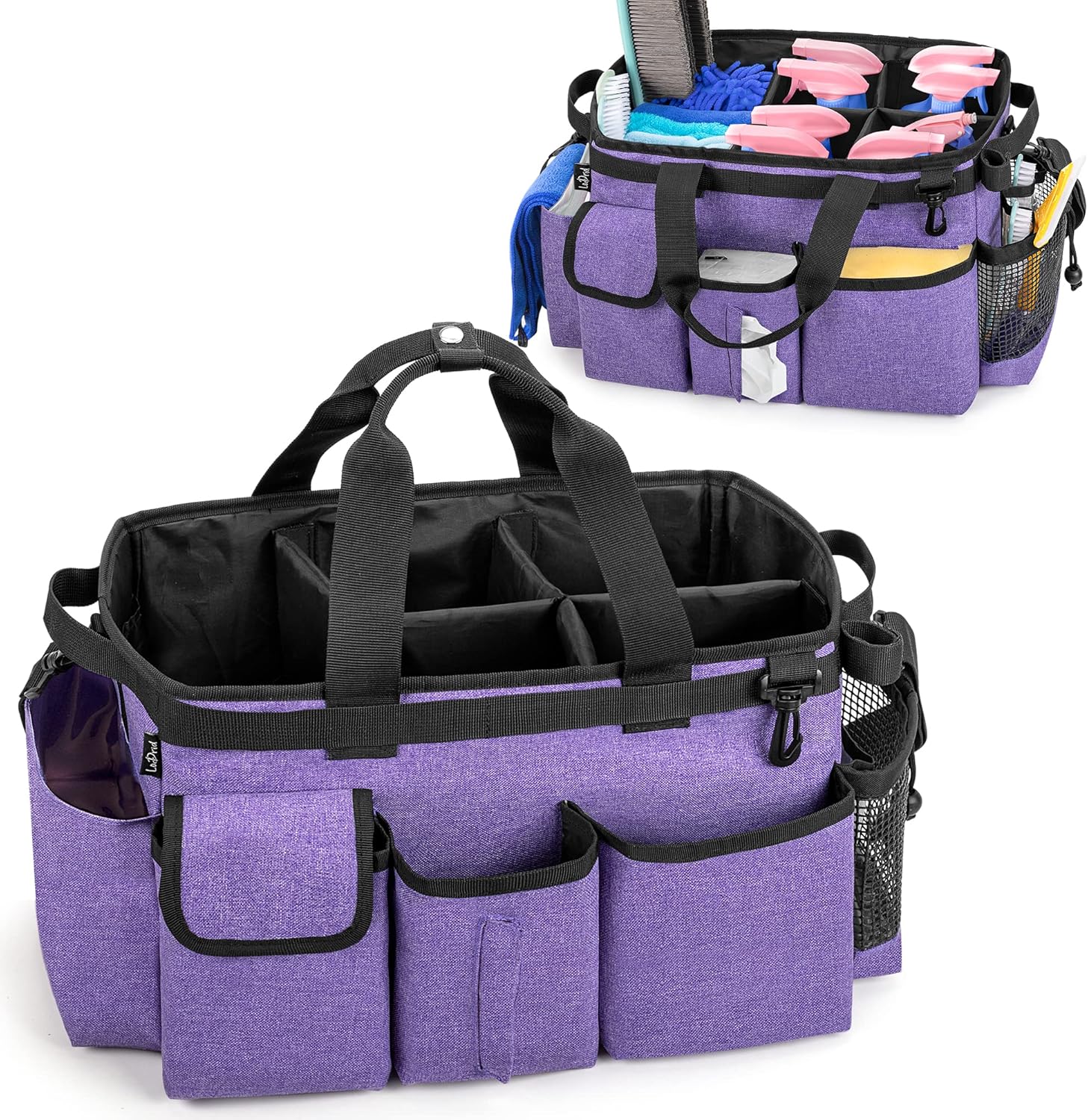 Large Wearable Cleaning Caddy Bag with Detachable Divider, Cleaning Supply Tote Organizer with Handles and Adjustable Shoulder Strap for Cleaners &amp; Housekeepers, Purple