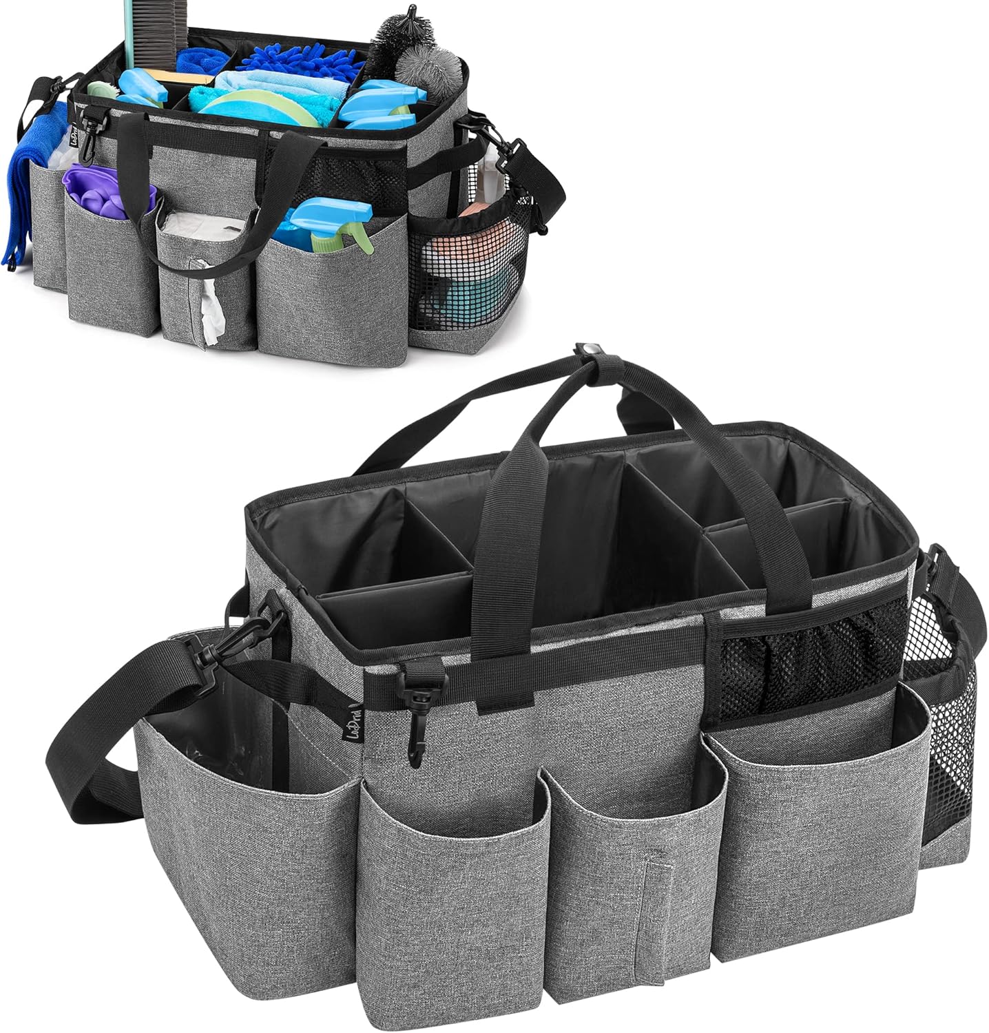 Wearable Cleaning Caddy Bag with 4 Foldable Dividers, Cleaning Supply Organizer with Shoulder Strap and Side Handles for Cleaners &amp; Housekeepers, Grey