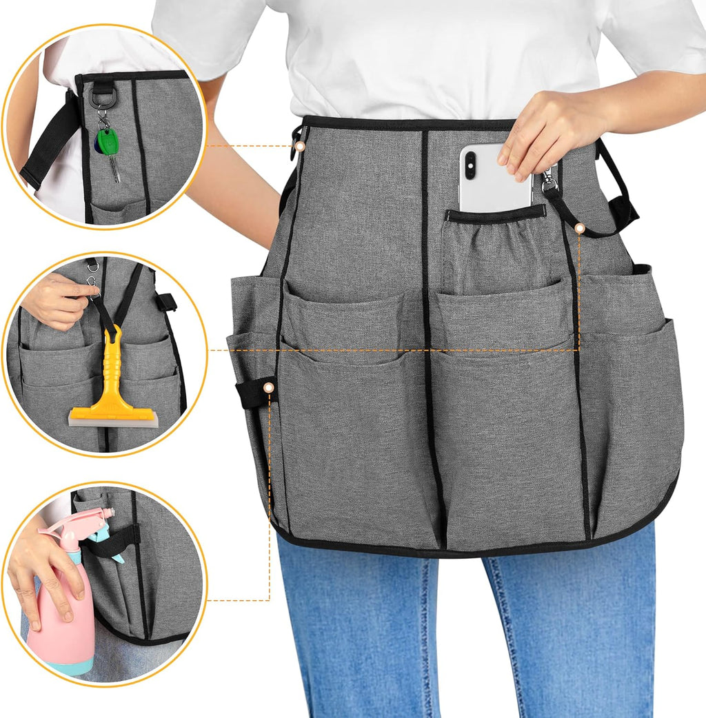 Professional Cleaning Apron with 9 Pockets and Adjustable Waist Belt, Cleaning Caddy Aprons for Cleaning Work of House Hotel, Gray