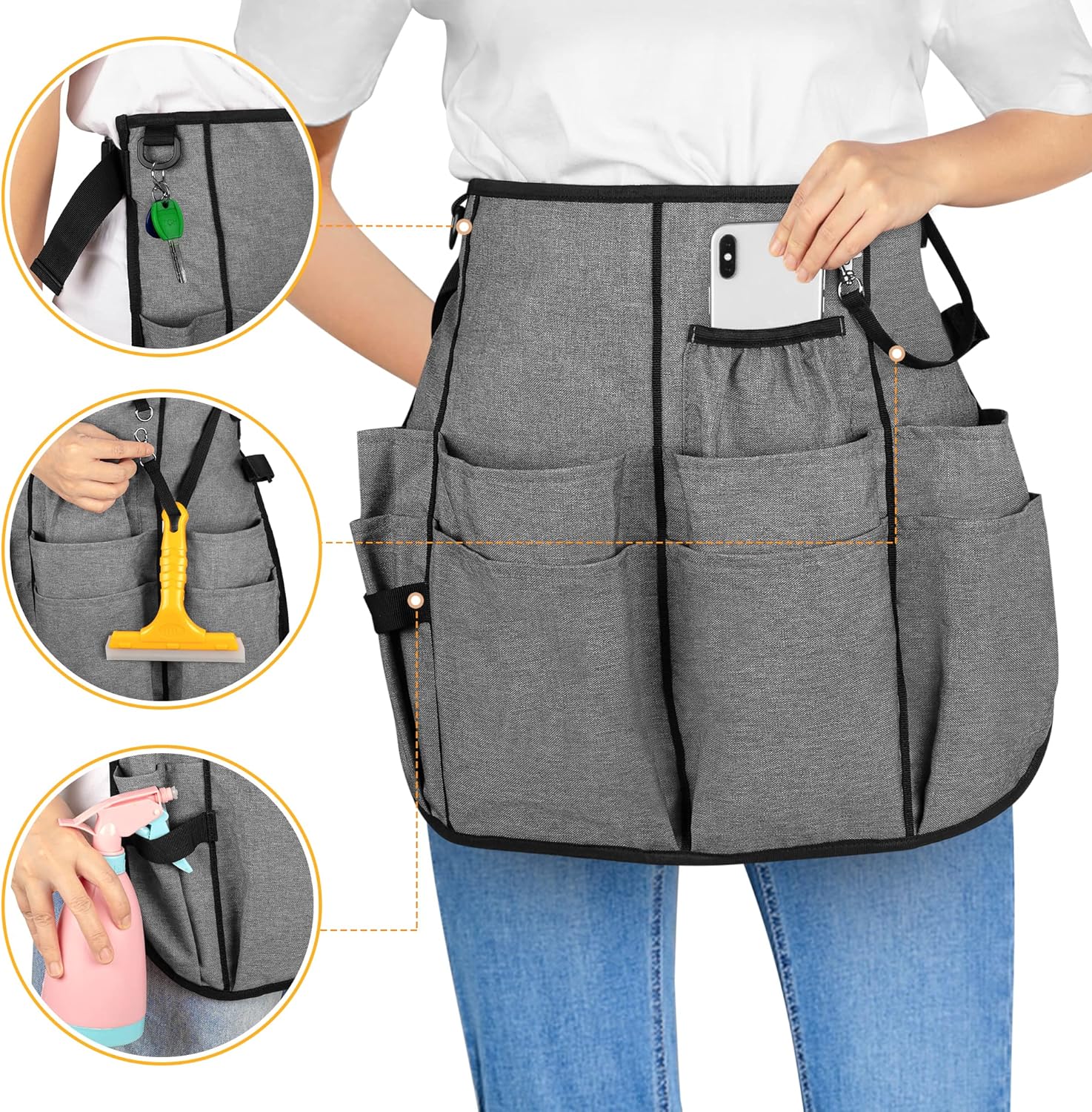 Professional Cleaning Apron with 9 Pockets and Adjustable Waist Belt, Cleaning Caddy Aprons for Cleaning Work of House Hotel, Gray