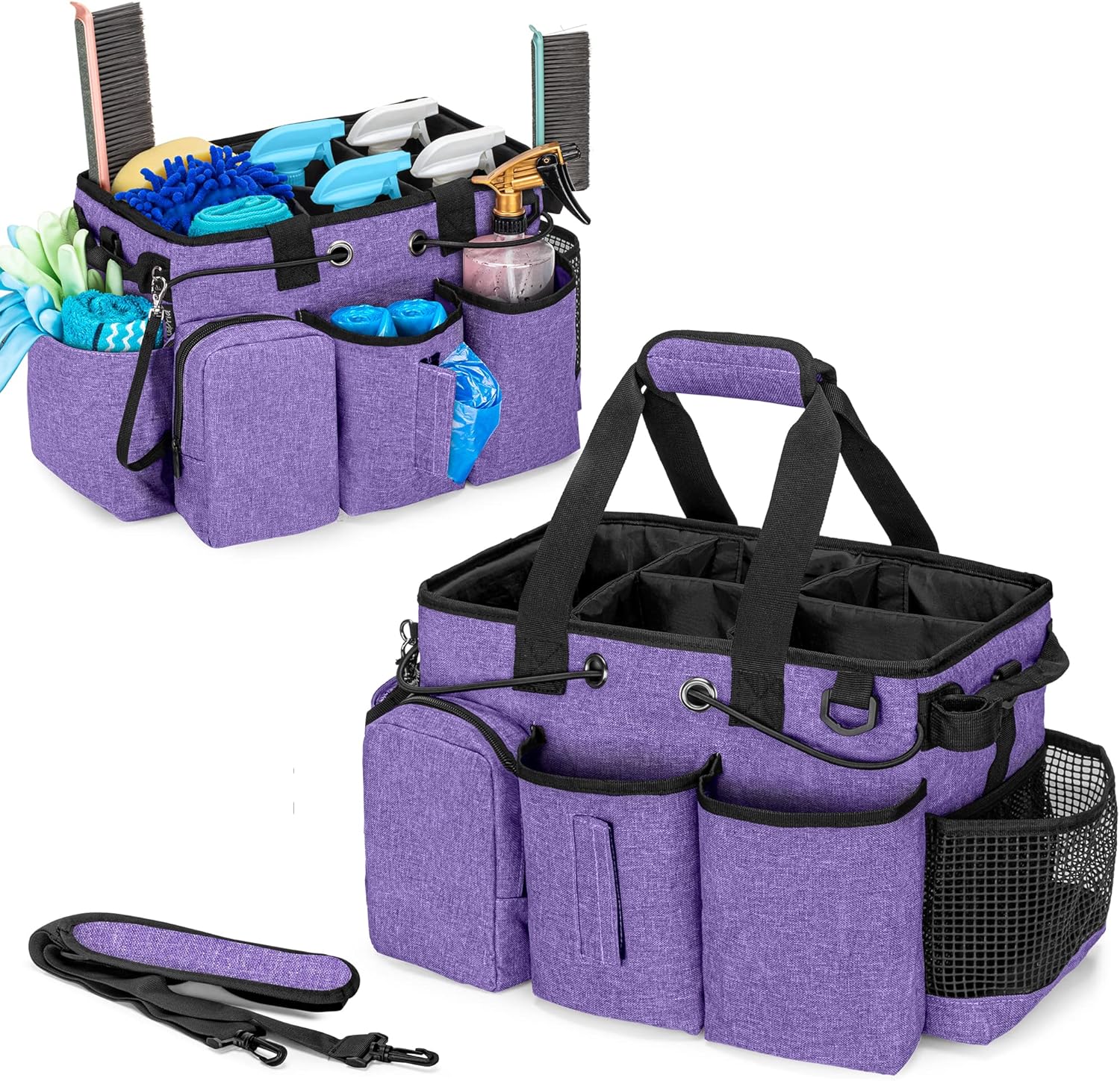 Large Professional Cleaning Caddy with Detachable Divider, Supply Organizer with Handle and Shoulder Strap, Cleaning Bags for Housekeepers &amp; Cleaners, Purple